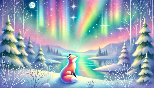 A Fox Watching the Rainbow Aurora Borealis on a Whimsical Winter Night