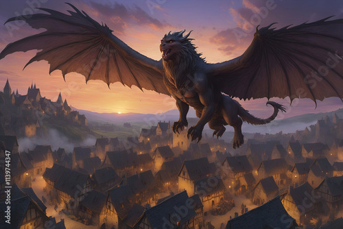 A massive dragon glides gracefully above a picturesque medieval village, illuminated by the warm glow of sunset photo