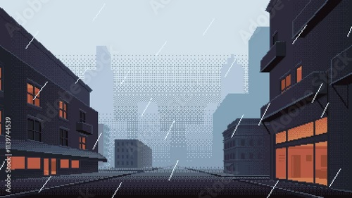 Pixel art animation of city street in rainy weather. Seamless loop animated video of rain in town, retro style video game background.