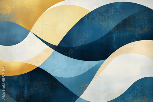 Blue, black and gold abstract background texture. Abstract poster in blue, gold, beige, mid-century style, 50s	