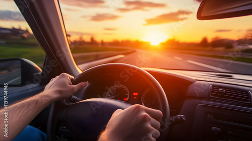 Wallpaper Mural A man driving a car, hand on the steering wheel, gazes at the road ahead during sunset. Torontodigital.ca