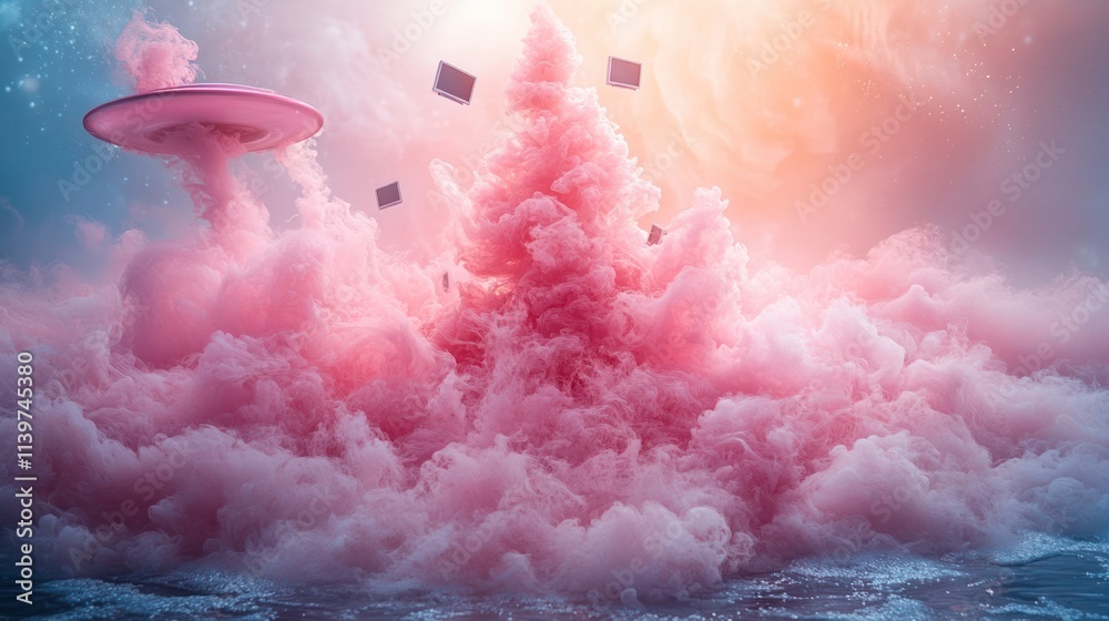 Pink alien spaceship above surreal cotton candy cloud landscape. Pink alien spaceship above surreal cotton candy cloud landscape.