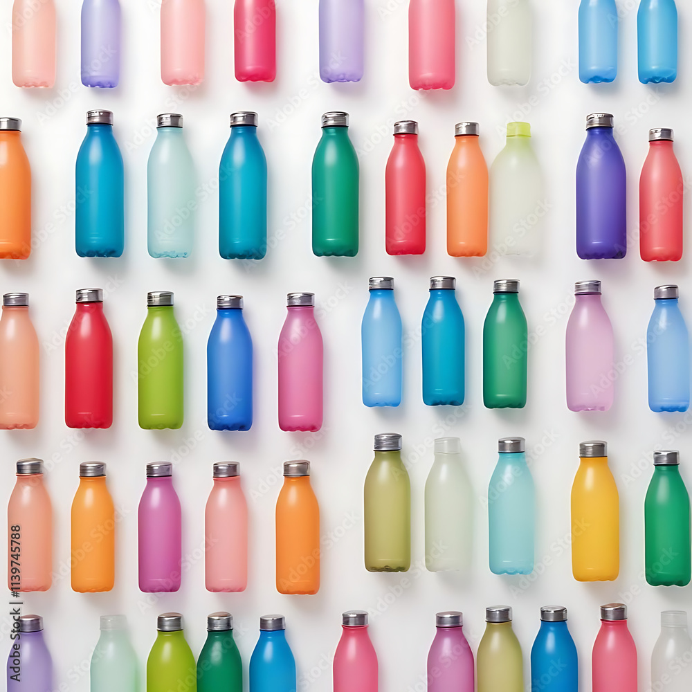 A collection of modern water bottles in vibrant colors, displayed on a plain white surface. A collection of modern water bottles in vibrant colors, displayed on a plain white surface.