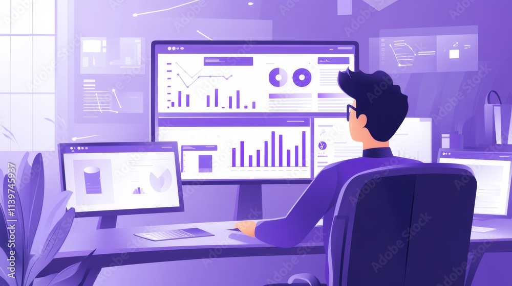 Young Entrepreneur in Startup Office Using Multiple Monitors Young Entrepreneur in Startup Office Using Multiple Monitors