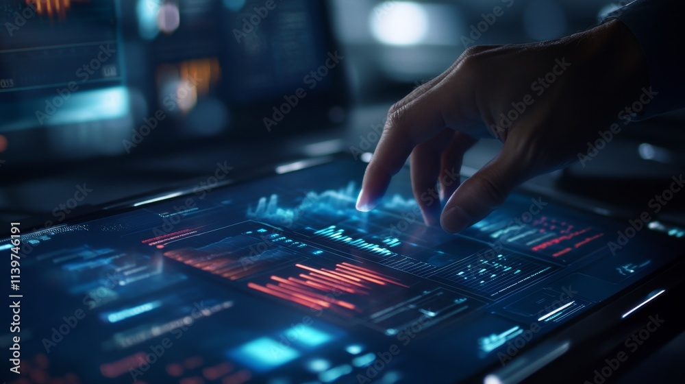 Futuristic Workspace with Close-Up View of Hand Interacting with Screen Futuristic Workspace with Close-Up View of Hand Interacting with Screen