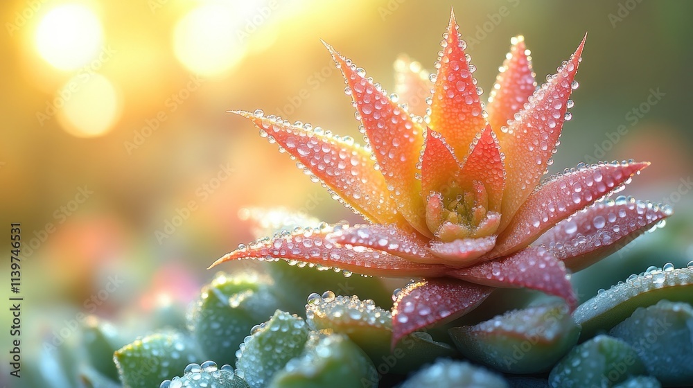 Dew-covered succulent in sunrise. Dew-covered succulent in sunrise.
