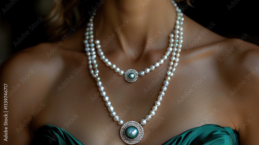 Elegant layered pearl necklaces showcased on a woman's neckline. Elegant layered pearl necklaces showcased on a woman's neckline.