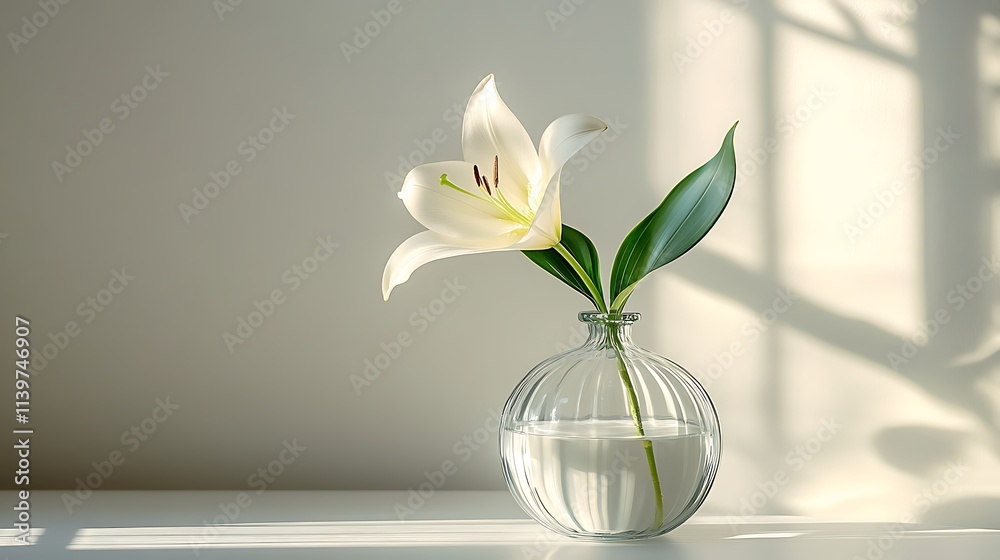A minimalist glass vase with a single white lily, placed on a clean white desk with soft natural light streaming through a nearby window, hd quality, serene and elegant. --ar 16:9 A minimalist glass vase with a single white lily, placed on a clean white desk with soft natural light streaming through a nearby window, hd quality, serene and elegant. --ar 16:9
