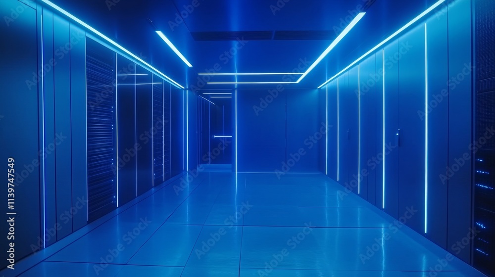 Sleek Server Room with Ambient Blue Light and Modern Design Sleek Server Room with Ambient Blue Light and Modern Design