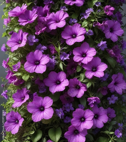 Tall purple flowers bloom in a vertical garden, purple, greenery, lush