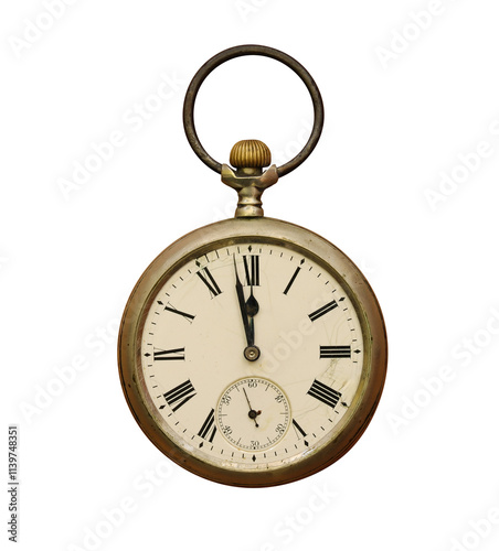 Vintage pocket watch showing twelve o'clock on transparent background