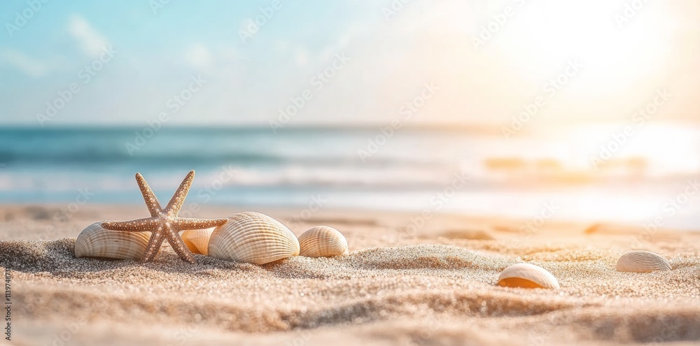 Starfish and seashells on the beach with a blue sky and sunlight, a summer background Starfish and seashells on the beach with a blue sky and sunlight, a summer background