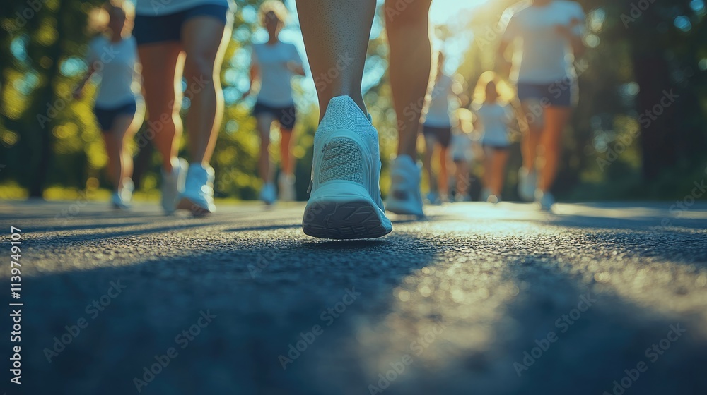 Fototapeta premium Runners feet, group jogging outdoors, sunny day, asphalt road.
