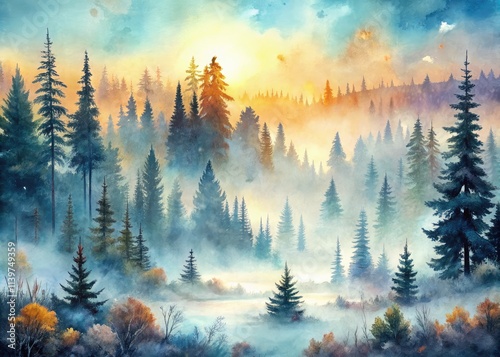 Misty taiga scene featuring a watercolor depiction of a fog-laden forest, showcasing frozen details and an ethereal light that enhances the work's serene beauty.