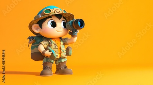 Cute cartoon explorer boy with camera on orange background.