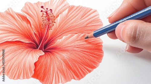 Close-up of hand drawing a hibiscus flower with colored pencil.