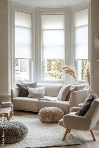 Spacious living room with white roller blinds, bay windows, and a cozy sofa and armchairs.