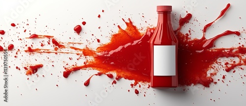 hot sauce bottle with a white label on the front, lying in a ketchup splatter against a blank background photo