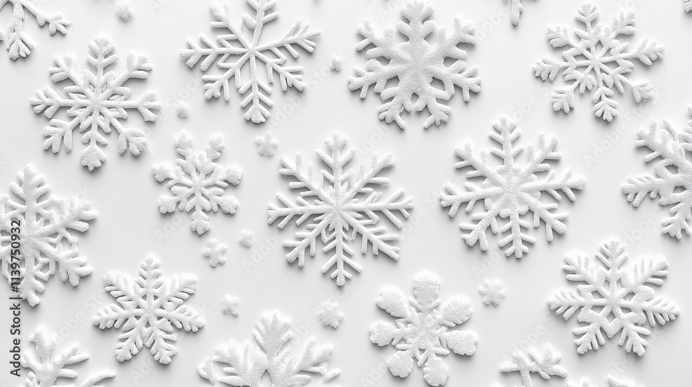 White snowflakes relief pattern on white background, winter decoration, festive design, copy space White snowflakes relief pattern on white background, winter decoration, festive design, copy space