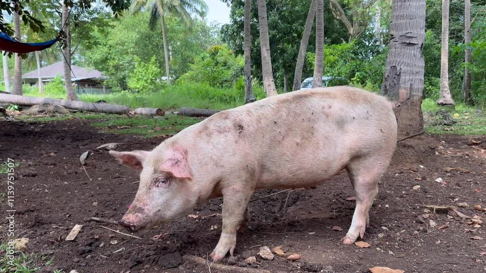 Free-Range Pig on a Tropical Farm Sniffing Ground Free-Range Pig on a Tropical Farm Sniffing Ground