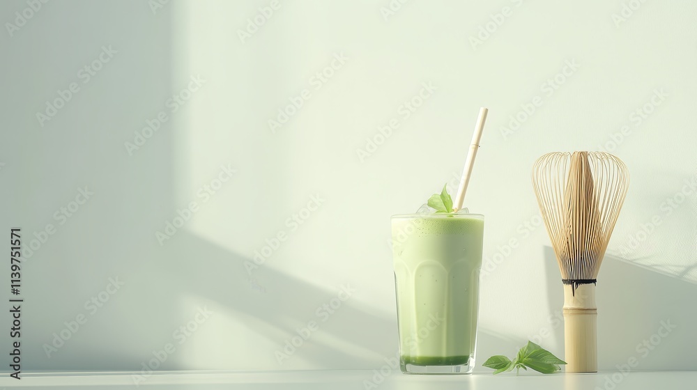 Refreshing matcha latte with whisk, sunlight.