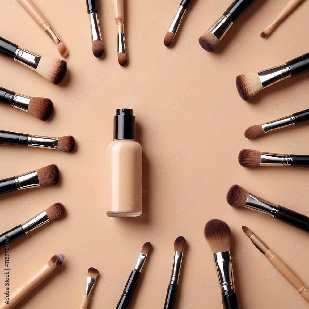 A foundation bottle with scattered makeup brushes on a neutral beige background. A foundation bottle with scattered makeup brushes on a neutral beige background.