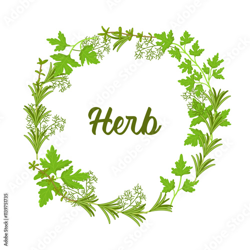 Vector wreath of parsley, thyme and rosemary. Image of fresh greenery from the garden. Vitamin set. Natural spices.