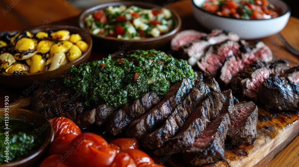 Grilled steak with chimichurri sauce, roasted vegetables, and salsa. Perfect for restaurant menus, food blogs, or culinary publications. Grilled steak with chimichurri sauce, roasted vegetables, and salsa. Perfect for restaurant menus, food blogs, or culinary publications.