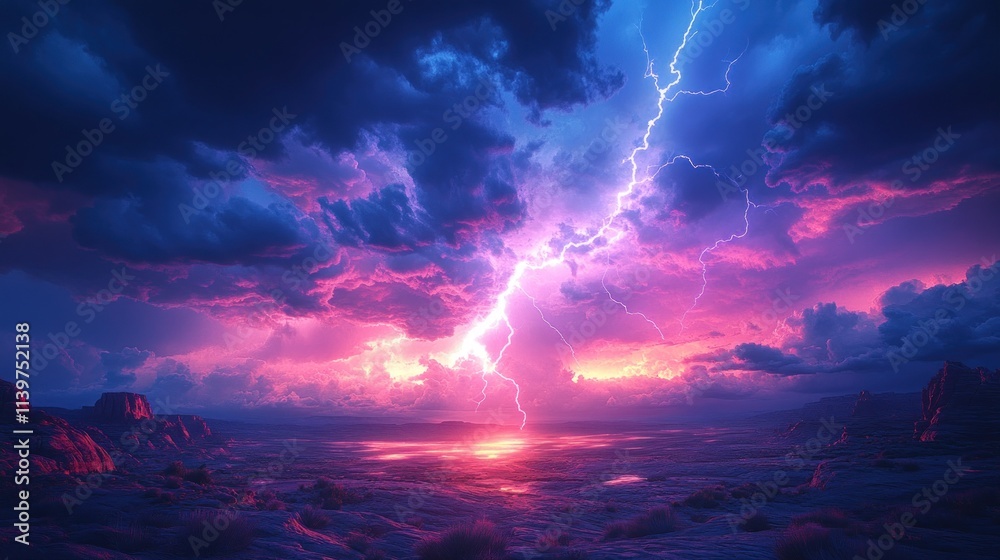 Naklejka premium A dramatic lightning storm illuminates a vibrant landscape at sunset.