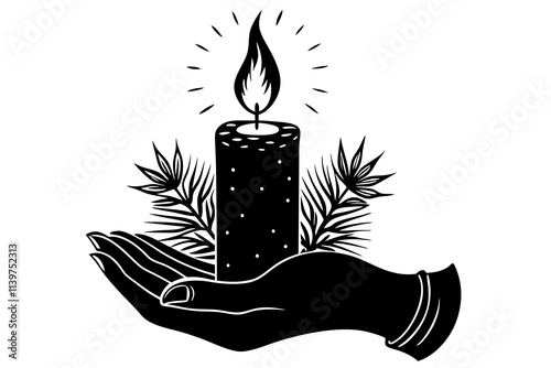 Christmas Hand Holding Candle on a Festive Holiday Background