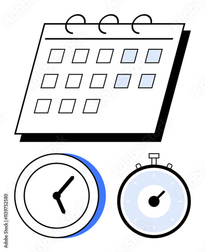 Visual elements include a calendar a wall clock and a stopwatch. Ideal for themes of time management, scheduling, planning, organization, productivity, deadlines, efficiency. Line metaphor