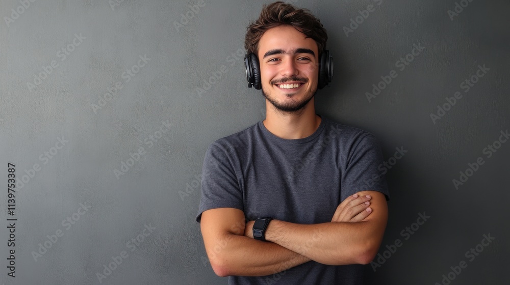Obraz premium Happy Young Man Wearing Headphones Against Gray Wall