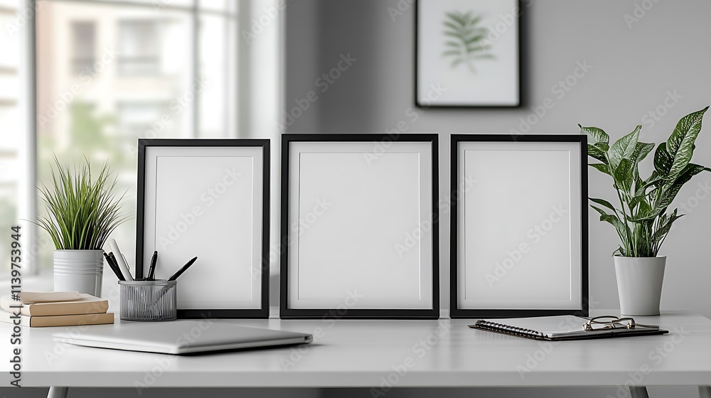 A trio of matching minimalist photo frames in black and white, holding a series of motivational quotes, arranged neatly on a clean, modern desk with natural lighting enhancing the elegant aesthetic, A trio of matching minimalist photo frames in black and white, holding a series of motivational quotes, arranged neatly on a clean, modern desk with natural lighting enhancing the elegant aesthetic,