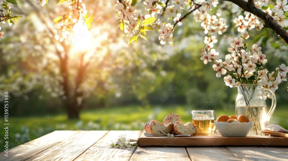 Serene Spring Morning with Blossoming Cherry Tree, Refreshing Tea, and Delicious Pastries on Wooden Table Surrounded by Nature's Beauty Serene Spring Morning with Blossoming Cherry Tree, Refreshing Tea, and Delicious Pastries on Wooden Table Surrounded by Nature's Beauty