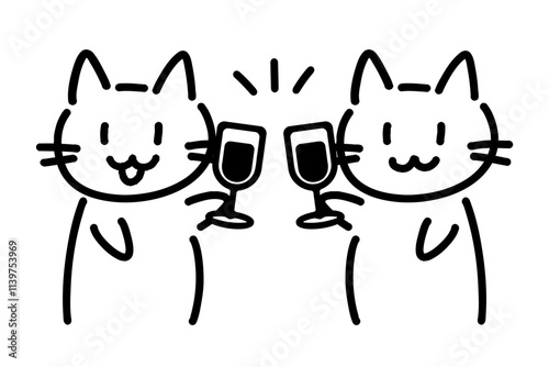 ワインを持った手書きの猫のイラスト