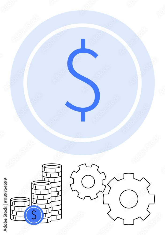 Dollar sign within a circle, stack of coins with dollar icon, and two interlocking gears. Ideal for finance, business operations, economic growth, investment, savings, wealth management Dollar sign within a circle, stack of coins with dollar icon, and two interlocking gears. Ideal for finance, business operations, economic growth, investment, savings, wealth management