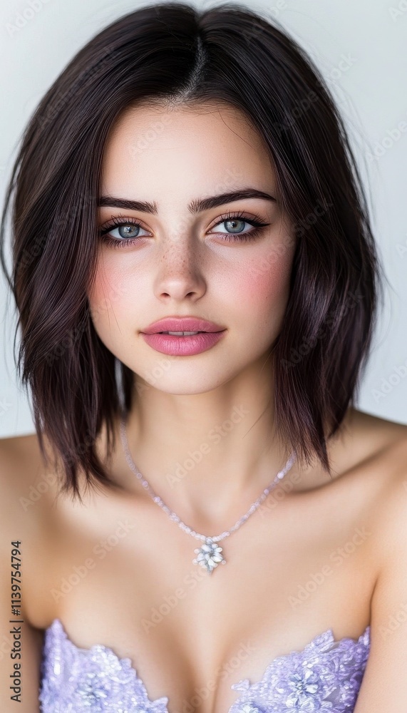 Close-up portrait of a young woman with shoulder-length dark hair, wearing a lavender dress and a delicate necklace. Close-up portrait of a young woman with shoulder-length dark hair, wearing a lavender dress and a delicate necklace.