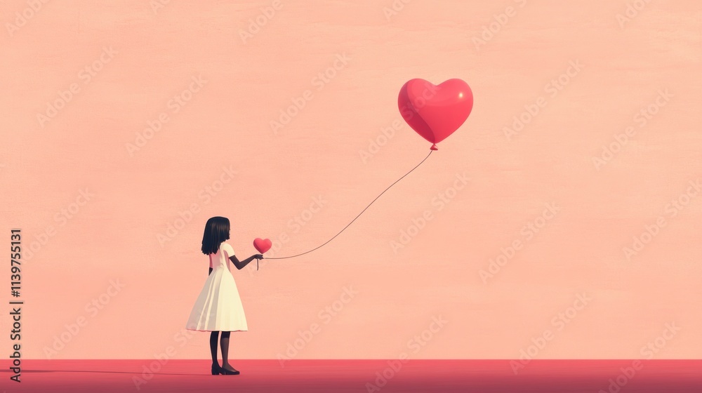 Girl holding small heart, large heart balloon floats away. Girl holding small heart, large heart balloon floats away.