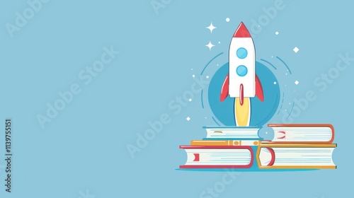 Education Launchpad: Rocket Taking Off from Stack of Books