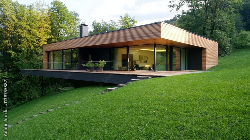 Modern architectural design of a wooden house surrounded by lush greenery on a slope with a glass facade and a terrace showcasing a contemporary lifestyle. Modern architectural design of a wooden house surrounded by lush greenery on a slope with a glass facade and a terrace showcasing a contemporary lifestyle.