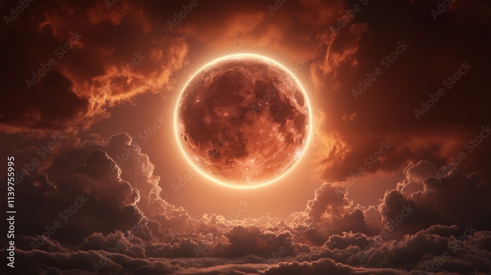 Dramatic Night Sky with a Glowing Full Moon Surrounded by Fiery Clouds and Atmospheric Hues Creating a Stunning Celestial Landscape in Deep Space Dramatic Night Sky with a Glowing Full Moon Surrounded by Fiery Clouds and Atmospheric Hues Creating a Stunning Celestial Landscape in Deep Space