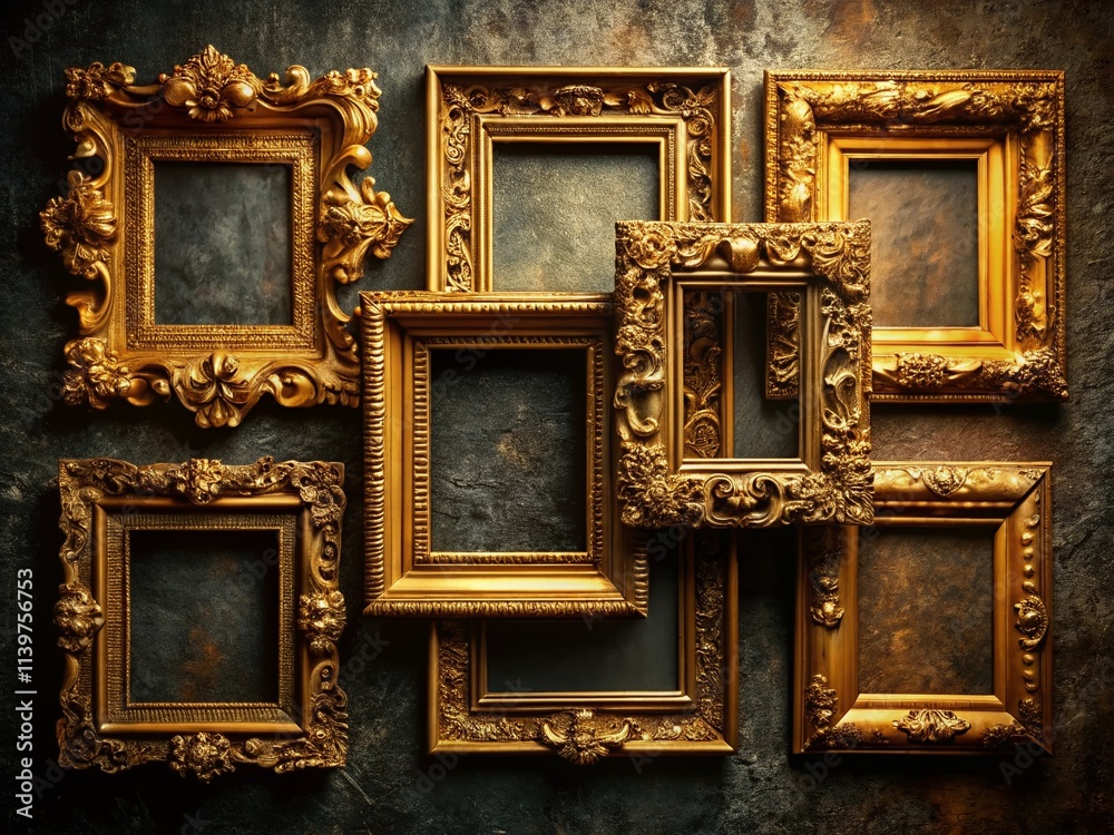 Ornate gold picture frames adorn a richly textured wall, creating a stunning vintage elegance that transforms the space into a gallery of timeless beauty. Ornate gold picture frames adorn a richly textured wall, creating a stunning vintage elegance that transforms the space into a gallery of timeless beauty.
