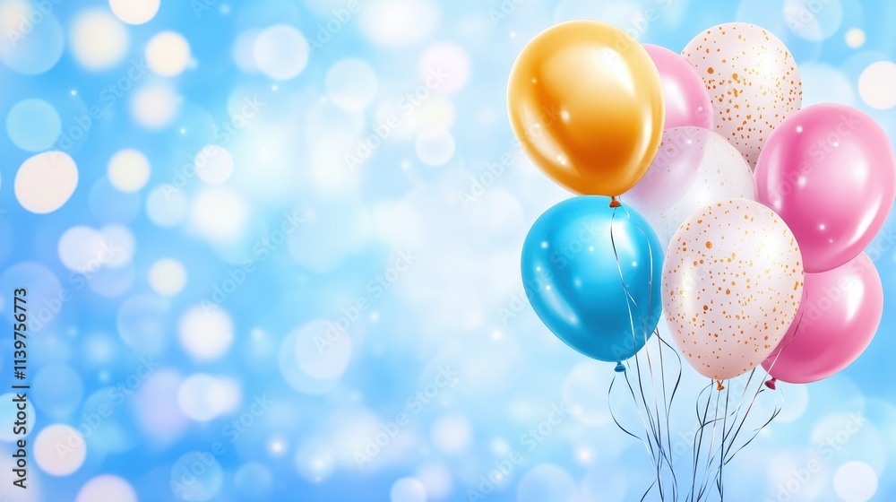 Colorful balloons float on a bokeh background. Ideal for celebration, party, or festive designs.