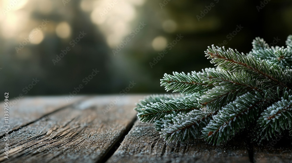 Frosted Evergreen Branch on Rustic Wooden Table with Blurred Background, Capturing the Essence of Winter and Holiday Season Ambiance in a Natural Setting Frosted Evergreen Branch on Rustic Wooden Table with Blurred Background, Capturing the Essence of Winter and Holiday Season Ambiance in a Natural Setting