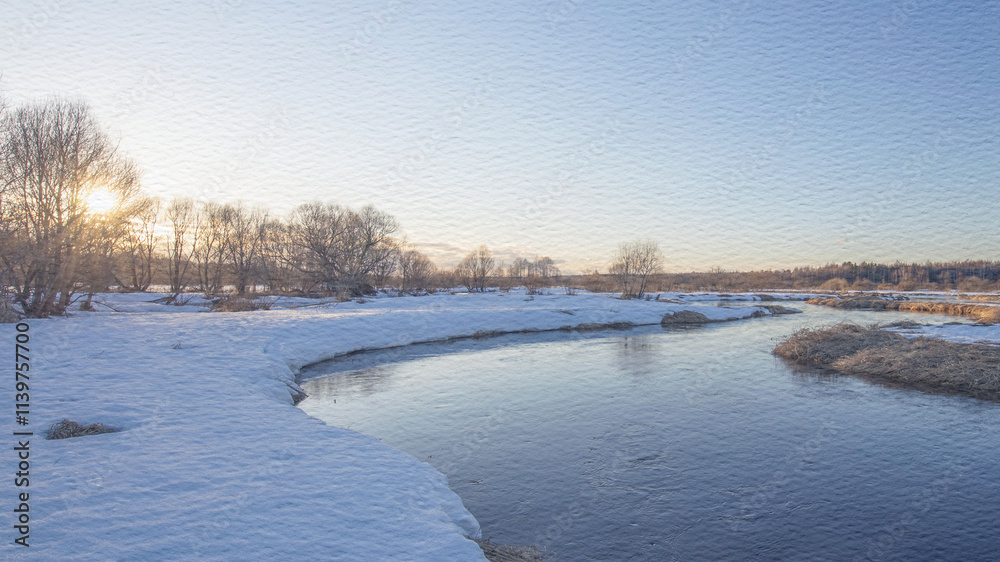 Snowy landscape with a river running through it Snowy landscape with a river running through it