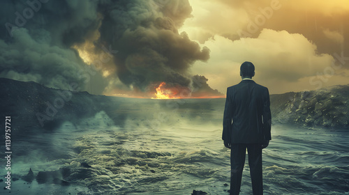 A business executive standing outdoors, looking out at multiple natural disasters approaching, including a flood, wildfire, landslide, and heavy smog from air pollution. The executive is holding a str