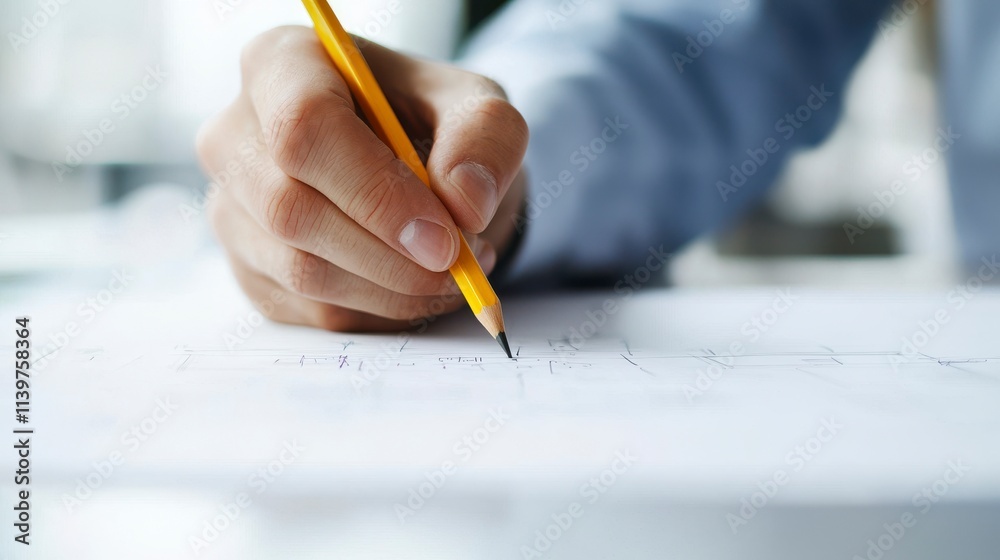 Close-up of a Hand Holding a Yellow Pencil While Sketching Technical Drawings on a Blank Sheet of Paper in a Bright Workspace Environment Close-up of a Hand Holding a Yellow Pencil While Sketching Technical Drawings on a Blank Sheet of Paper in a Bright Workspace Environment