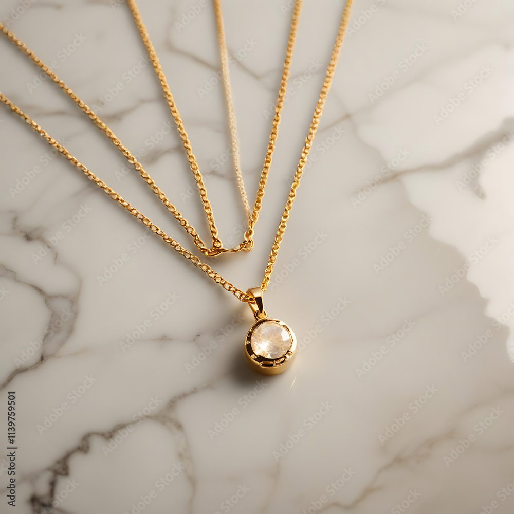 Fototapeta premium A minimalist gold necklace with a small pendant, placed on a marble surface under even lighting.
