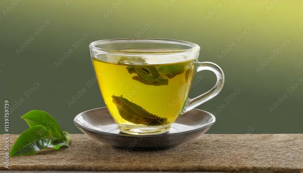 Aromatic tea in glass cup and green leaves isolated background. ai generated Aromatic tea in glass cup and green leaves isolated background. ai generated