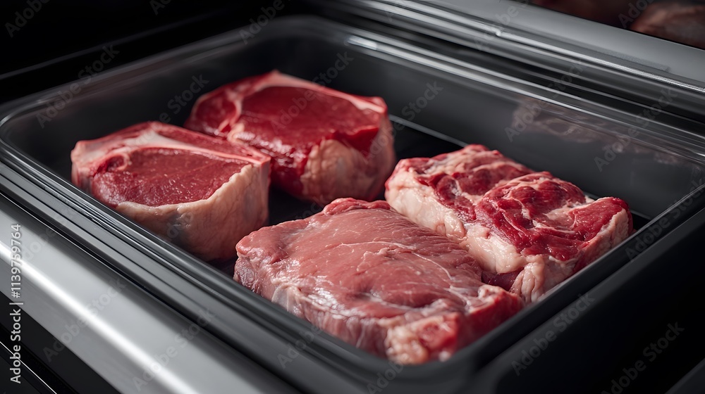 Raw beef steaks in a food storage container. Raw beef steaks in a food storage container.